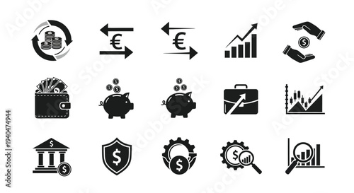 Financial icons set including money banking and investment symbols on white background for business and economy concepts