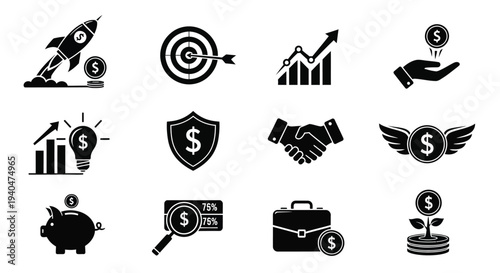 Financial icons set including business investment and money symbols for marketing and finance concepts