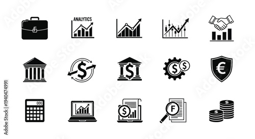 Financial icons set including business money analytics and banking symbols on white background