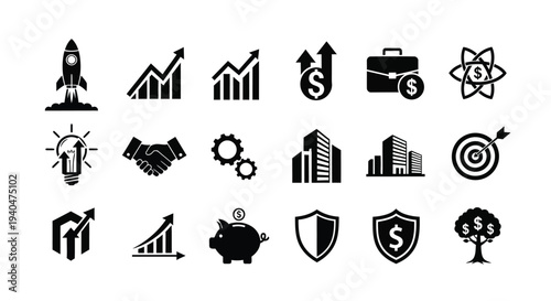 Collection of business and finance icons including growth charts money symbols and security shields on white background