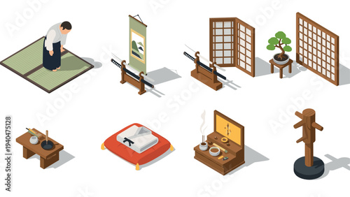 Traditional japanese interior elements in isometric design