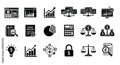 Financial business icons set including security statistics and money symbols on white background for marketing and economy concepts