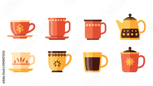 Charming flat style tea and coffee cups collection with teapot