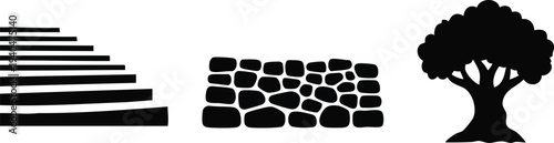 Landscape Design Silhouette Set: Garden Stone Steps, Retaining Rock Wall, and Oak Tree Icons