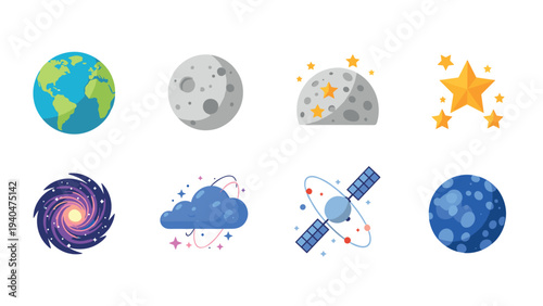 Colorful space elements set featuring earth, moon, and stars in flat style