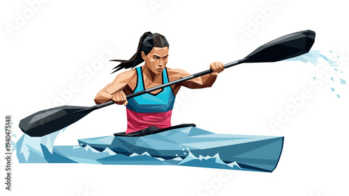 Fierce female kayaker navigating waters in polygonal style