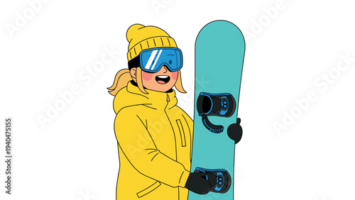 Happy snowboarder in winter jacket holding snowboard with goggles