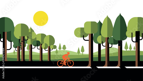 Cyclist in a flat style forest landscape with sun in the background