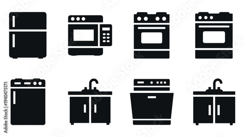 Modern kitchen appliance icons in stylish silhouette design