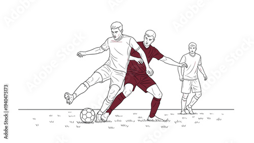 Athletes competing in soccer match line art