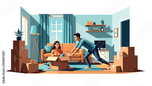 Couple unpacking in their new home: joyful moments during a modern move