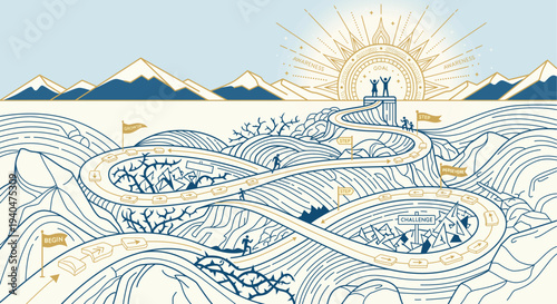 Concept of business journey and life path to success. People walking on a winding road through challenges and growth toward the sun. Infographic vector illustration.