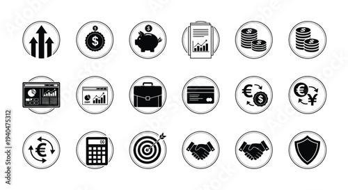 Collection of black finance and business icons on white background including currency symbols financial charts and security elements in circular frames