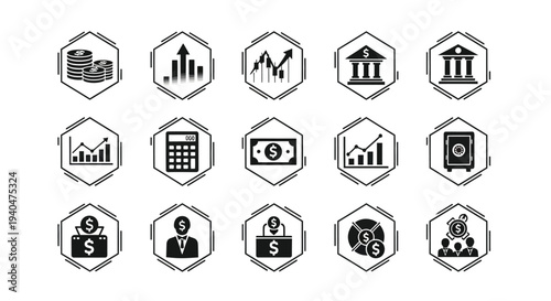 Collection of black finance and business icons in hexagonal frames on white background symbolizing financial growth and analysis