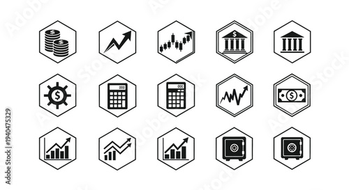Collection of 16 black and white financial icons in hexagonal frames including charts graphs currency and banking symbols on white background