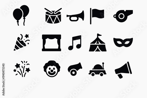 Festival icons set: musical instruments, celebration elements, and party symbols