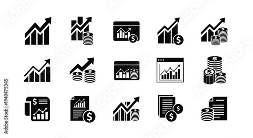 Financial icons set for business growth and investment analysis including charts graphs money and statistics symbols