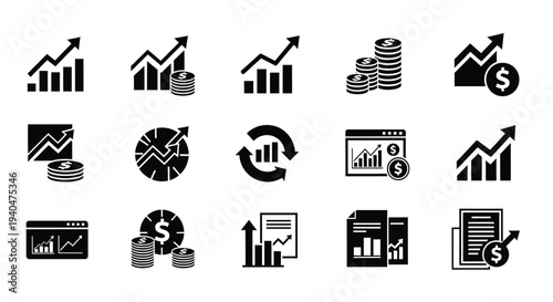Black finance and business icons set on white background including graphs charts and currency symbols representing growth and financial analysis