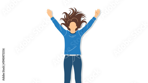 Expressive person in blue outfit with joyful pose and windswept hair on white background