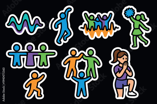 Colorful sticker set of people icons in action with cheerleader and dancer elements