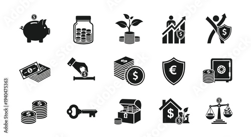Collection of black and white financial icons including piggy bank money security and investment symbols on white background ideal for business and banking concepts