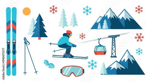 Winter sports elements: skier, mountains, and snowflakes in flat style