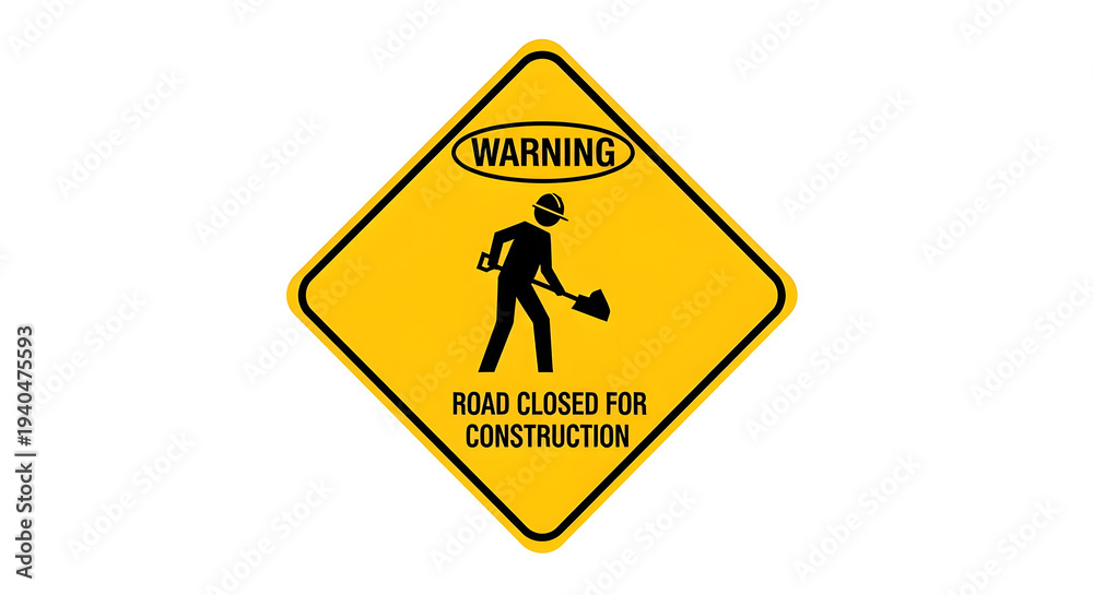 Obraz premium A road sign warns drivers of construction ahead on a closed road