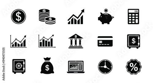 Collection of black finance and banking icons on white background including money charts piggy bank and banking symbols suitable for financial concepts and presentations