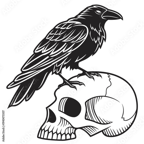 Majestic raven perched on human skull in dramatic black and white