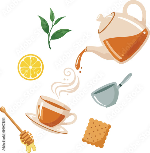 Hot tea set vector illustration with teapot pouring into cup, lemon slice, honey dipper, green leaves and biscuit for National Tea Day celebration.