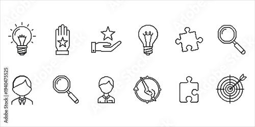 A collection of line icons representing ideas search and puzzle concepts
