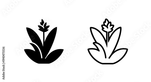 Plant icon with budding flower, black and white