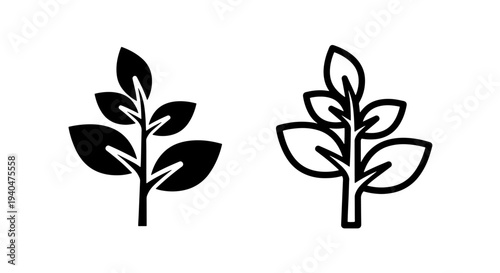 Plant branch icon with leaves, black and white versions