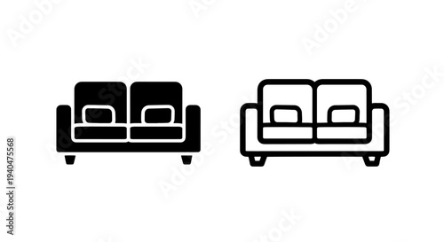 Sofa icon, two-seater, black and white