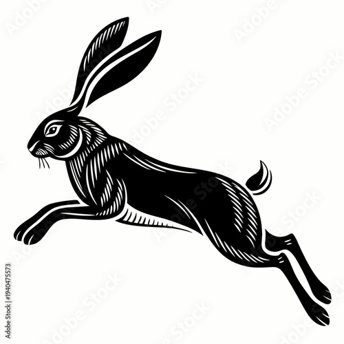 Dynamic black rabbit in mid sprint with long ears