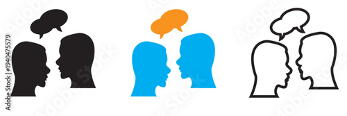 Two people Communication Chat Icons Set in Three Styles.  Two people with speech bubbles showing conversation, dialogue, and communication in solid, colored, and outline icon styles.