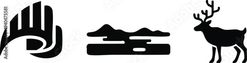 Arctic Nature Silhouette Set: Abstract Glacial Form, Frozen Tundra Landscape, and Majestic Reindeer Icons