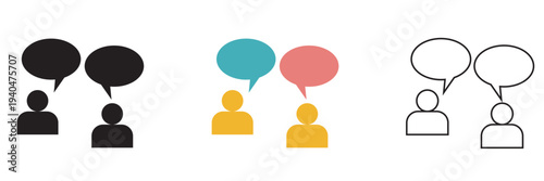 Two people Communication Chat Icons Set in Three Styles.  Two people with speech bubbles showing conversation, dialogue, and communication in solid, colored, and outline icon styles.