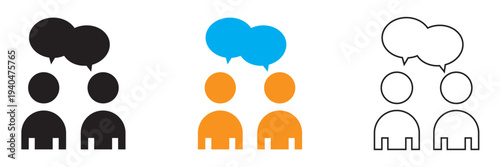 Two people Communication Chat Icons Set in Three Styles.  Two people with speech bubbles showing conversation, dialogue, and communication in solid, colored, and outline icon styles.