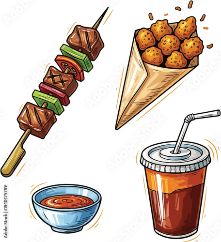 Assorted Street Food and Snacks with Meat Skewer and Cold Drink