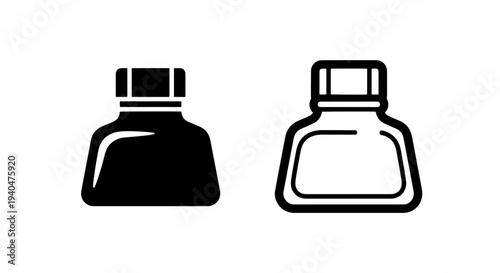 Ink bottle icon: solid black and outline for writing and art