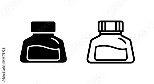 Ink bottle icon set: black silhouette and outline style