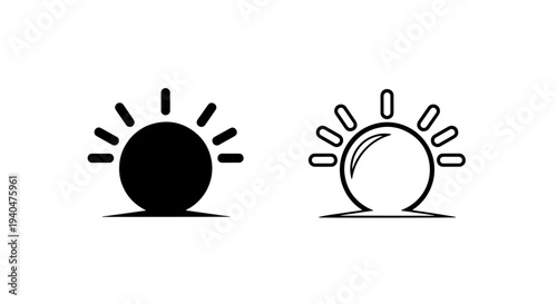 Sun icon: black silhouette and outline for brightness