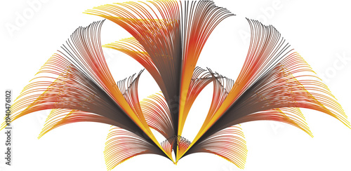 Abstract digital art fan or feather shape with warm orange and yellow gradient, symmetrical curves, decorative element