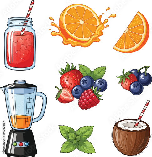 Fresh Fruit Smoothie Ingredients and Blender Vector Set for Healthy Spring Detox