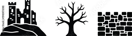 Ancient Ruins Silhouette Set: Medieval Stone Castle, Bare Winter Tree, and Crumbling Fortress Wall Icons