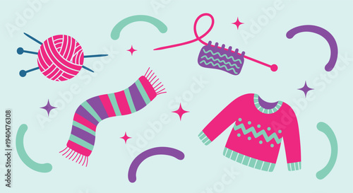 Cozy knitting and crochet crafts with yarn scarf and sweater on a light blue background with decorative elements