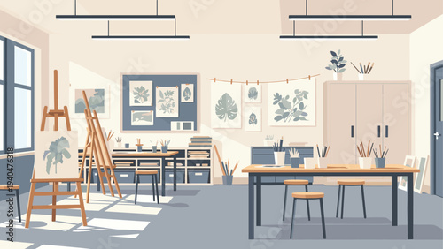 Cozy art classroom with sunlit tables and artwork on walls