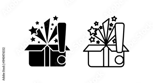 Surprise gift box icon with exclamation mark and stars
