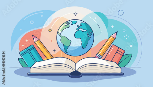 An open book with a globe and stationery on a light blue background from a front viewpoint